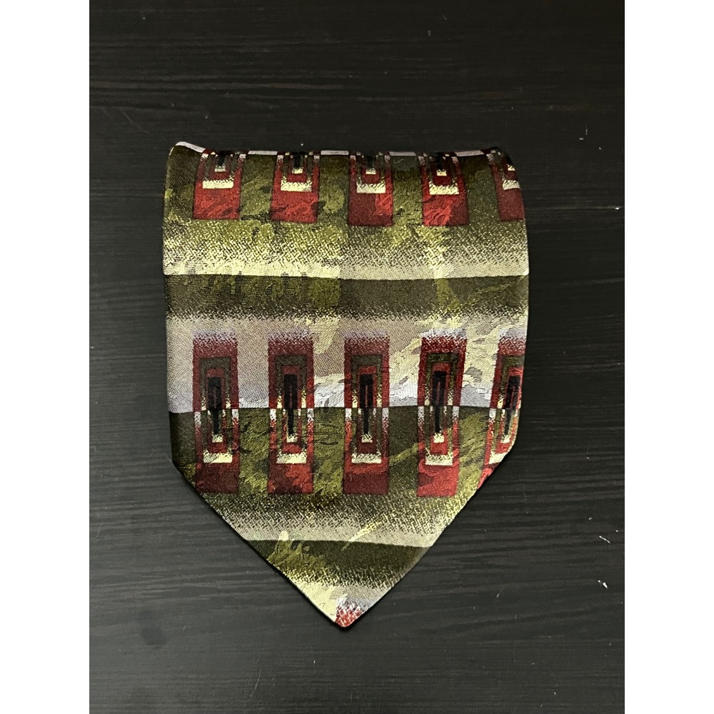Salvatore Gregorio Italy Silk Tie Olive Green Burgundy‎ Geometric Abstract Wide